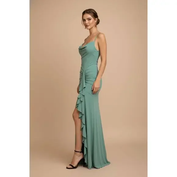 Shakira Formal Maxi Dress Women Medium Black Ruffle Slit Elegant Evening NWT - Picture 11 of 12